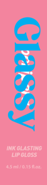 Różowe opakowanie błyszczyka Peripera Classy Ink Glasting Lip Gloss z niebieskim, pionowym napisem 'Classy'.
