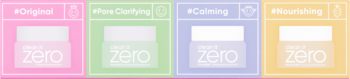 Zestaw 4 mini balsamów Banila Co Clean It Zero (Original, Pore Clarifying, Calming, Nourishing) z przodu, różne kolory.