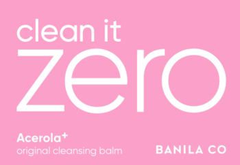 Różowa etykieta balsamu Clean It Zero Acerola+ Original Cleansing Balm Banila Co, białe napisy.