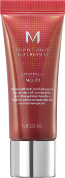Nawilżający krem BB Missha Perfect Cover SPF42 w czerwonej tubce, odcień 20, z srebrnym korkiem, widok z przodu.