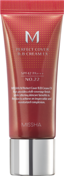Tubka Missha M Perfect Cover BB Cream EX, odcień 22, SPF42 PA+++. Czerwono-brązowa z srebrną nakrętką, widok z przodu.