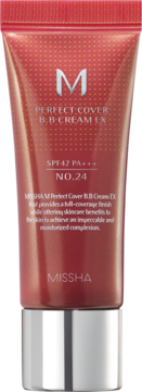 MISSHA M Perfect Cover BB Cream EX, SPF42 PA+++, No.24. Czerwona tubka z srebrną nakrętką, widok z przodu.