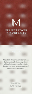 Missha M Perfect Cover BB Cream EX, pionowe, czerwono-beżowe opakowanie z białym tekstem, widok z przodu.
