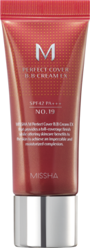 Missha M Perfect Cover BB Cream EX nr 19, czerwona tubka z srebrną nakrętką, SPF 42/PA+++, widok z przodu.