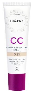 Lumene CC Color Correcting Cream SPF20 w białej tubce z fioletową nakrętką, widok z przodu, odcień 0.25.