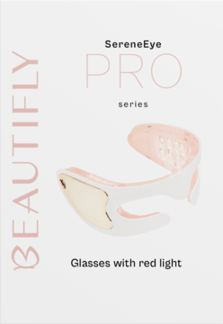 Okulary SereneEye PRO, masażer oczu w kolorze białym z rose gold i czerwonym światłem LED, widok z przodu.