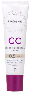 Lumene Color Correcting CC Cream 0.5 Light w białej tubce z fioletową zakrętką, SPF20, widok z przodu.