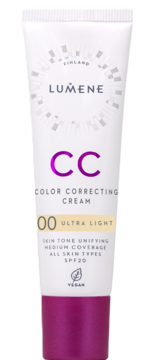 Biała tubka Lumene CC Color Correcting Cream 00 Ultra Light SPF20 z purpurowym wieczkiem, widok z przodu.