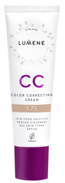 Lumene CC Color Correcting Cream w białej tubce z fioletowym spodem, SPF20, odcień 1.75, widok z przodu.