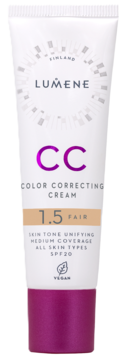 Biała tubka Lumene CC Cream 1.5 Fair SPF20, średnie krycie, wyrównujący koloryt, z fioletową nakrętką, widok z przodu.