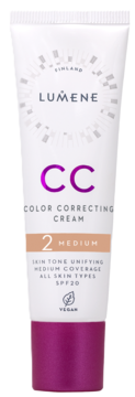 Lumene CC Color Correcting Cream, odcień 2 Medium, w białej tubce z magentową nakrętką, SPF20, widok z przodu.