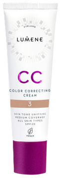 Lumene CC Color Correcting Cream SPF20 w białej tubce z fioletową zakrętką, odcień 3, widok z przodu.