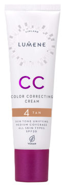 Lumene CC Color Correcting Cream, krem korygujący koloryt, odcień 4 Tan, SPF20, średnie krycie w białej tubce.