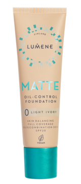 Lumene Matte Oil-Control Foundation 0 Light Ivory SPF 20 w beżowej tubce z turkusową nakrętką, widok z przodu.