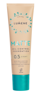 Podkład matujący Lumene Matte 0.5 Light SPF20 w beżowej tubce z turkusową zakrętką, kontrola sebum, widok z przodu.