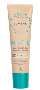 Beżowa tuba matującego podkładu Lumene Matte 00 Ultra Light z filtrem SPF20, widok z przodu, turkusowa nakrętka.
