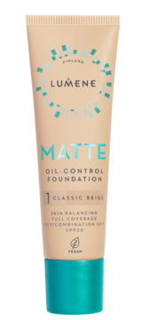 Matujący podkład Lumene Matte Oil-Control 1 Classic Beige SPF20 w beżowej tubce z turkusową zakrętką.