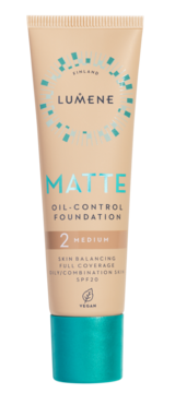 Matujący podkład Lumene Matte Oil-Control SPF20, odcień 2 Medium, w beżowej tubce z turkusowym dołem.