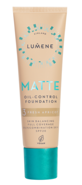 Lumene Matte podkład Oil-Control, odcień 3 Fresh Apricot, SPF20, beżowa tuba z turkusowym napisem, widok z przodu.