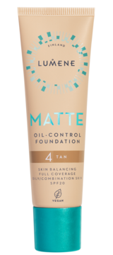 Podkład matujący Lumene Matte Oil-Control 4 Tan SPF20 w beżowej tubce z turkusową zakrętką, widok z przodu.