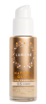 Podkład Lumene Natural Glow 0.5 Light SPF20, rozświetlający fluid w szklanej butelce z pompką, widok z przodu.