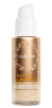 Złoty podkład Lumene Natural Glow 00 Ultra Light, SPF20, z białą pompką, widok z przodu.
