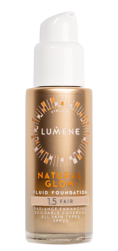 Podkład rozświetlający Lumene Natural Glow 1.5 Fair SPF20, złota butelka z białą pompką, z przodu.