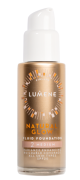Lumene Natural Glow podkład rozświetlający 2 Medium SPF20, złota butelka z białą pompką, widok z przodu.