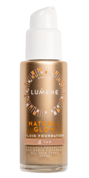 Lumene Natural Glow Fluid Foundation 4 Tan w złotej butelce z białą pompką, słoneczne logo, przód, SPF20.