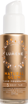 Lumene Natural Glow Fluid Foundation 5 Deep Tan, złota butelka z białym dozownikiem, widok z przodu, SPF20.