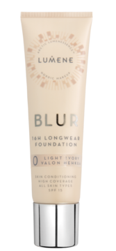 Lumene Blur 16H Longwear Foundation, 0 Light Ivory, SPF 15, w beżowej tubce, widok z przodu.