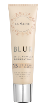 Długotrwały podkład Lumene Blur 16H, odcień 0.5 Fair Nude SPF 15 w beżowej tubce ze srebrną zakrętką, widok z przodu.