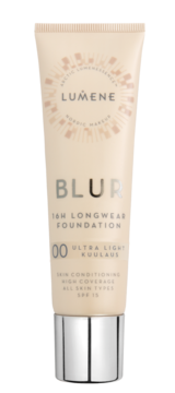 Lumene Blur 16h podkład matujący 00 Ultra Light SPF 15. Beżowa tubka, srebrna nakrętka, widok z przodu.