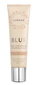 Matujący podkład Lumene Blur 16h, odcień Classic Beige 1, SPF 15 w beżowej tubce, widok z przodu.