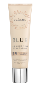 Długotrwały podkład Lumene Blur 1.5 Fair Beige SPF 15 w beżowej tubce z srebrną nakrętką, widok z przodu.