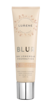 Lumene Blur 16h Longwear Foundation 2 Soft Honey SPF 15. Beżowa tubka, wysokie krycie, widok z przodu.