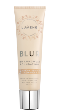 Podkład Lumene Blur 16h, tubka 3 Fresh Apricot, SPF 15. Widok z przodu, beżowe opakowanie z srebrną nakrętką.