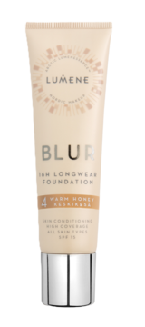Lumene Blur 16h podkład SPF 15, odcień 4 Warm Honey, w beżowej tubce ze srebrną nakrętką. Widok z przodu.
