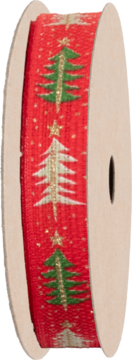 Czerwona wstążka świąteczna na szpulce z zielonymi i białymi choinkami oraz złotymi gwiazdkami, widok z boku.