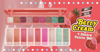 Paleta cieni J.Cat Beauty Sweet Tooth Berry Cream: 9 błyszczących cieni w różowo-zielonych odcieniach, w różowym opakowaniu.