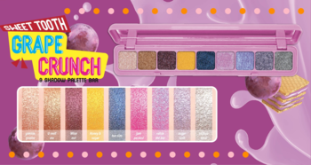J.Cat Beauty Sweet Tooth Grape Crunch paleta cieni do powiek, różowa, otwarta, 9 błyszczących kolorów, fioletowe tło.