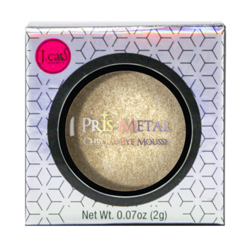 Złoty cień w musie J.Cat Beauty Prism-Metal, w okrągłym panie, widoczny w otwartym holograficznym pudełku.