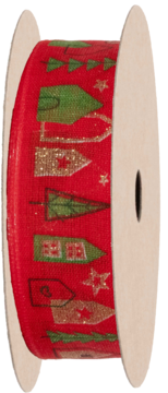 Czerwona tasiemka świąteczna na beżowej szpuli, z brokatowymi zielonymi drzewkami i złotymi gwiazdkami w rzędach.