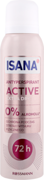 Różowy antyperspirant Isana Active Extra Dry, butelka w sprayu, 72h ochrony, 0% alkoholu, widok z przodu.