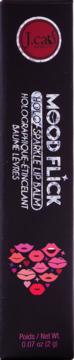 J.Cat Beauty Mood Flick Holo Sparkle Lip Balm: pionowe czarne pudełko z sercem z kolorowych ust, netto 2g.