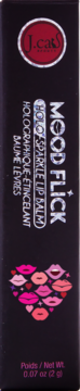 J.Cats Mood Flick Holo Sparkle Lip Balm box, black, front view, rotated text, colorful lip heart graphic.