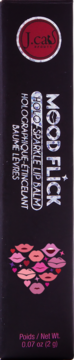 J.Cat Beauty Mood Flick Holographic Lip Balm, pionowe czarne opakowanie z sercem z ust, widok z przodu.