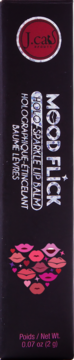 J.Cat Mood Flick Holo Sparkle Lip Balm w czarnym opakowaniu z sercem z ust i logo, widok z przodu.