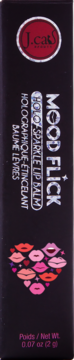 J.Cat Mood Flick Holo Sparkle Lip Balm w pionowym czarnym kartoniku z holograficznym napisem i ustami.