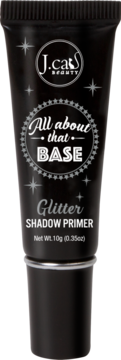 Czarna tuba J.Cat Beauty Glitter Shadow Primer, srebrne napisy i gwiazdki, widok z przodu.